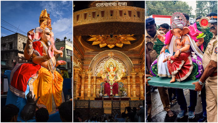 Ganpati Bappa Morya की प्रतिमा, गणेश चतुर्थी 2025 में भक्तों की भीड़ और लालबागचा राजा की झलक।