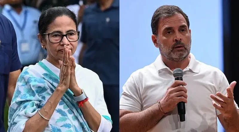 "राहुल गांधी पटना में वोटर अधिकार यात्रा के समापन पर विपक्षी नेताओं के साथ मंच पर उपस्थित।"