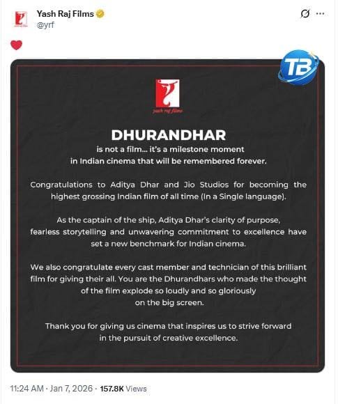 YRF praises Dhurandhar for setting a new benchmark in Indian cinema