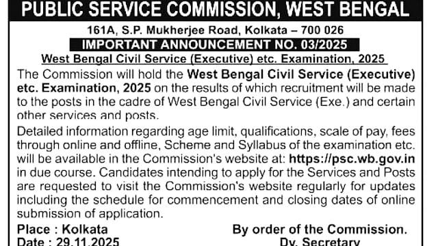 WBCS Exam 2025 WBPSC Notification