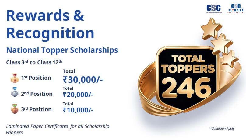 CSC Olympiad 2026 Registration: Win ₹30,000 Scholarship & Certificate 2 CSC Olympiad topper scholarship prizes