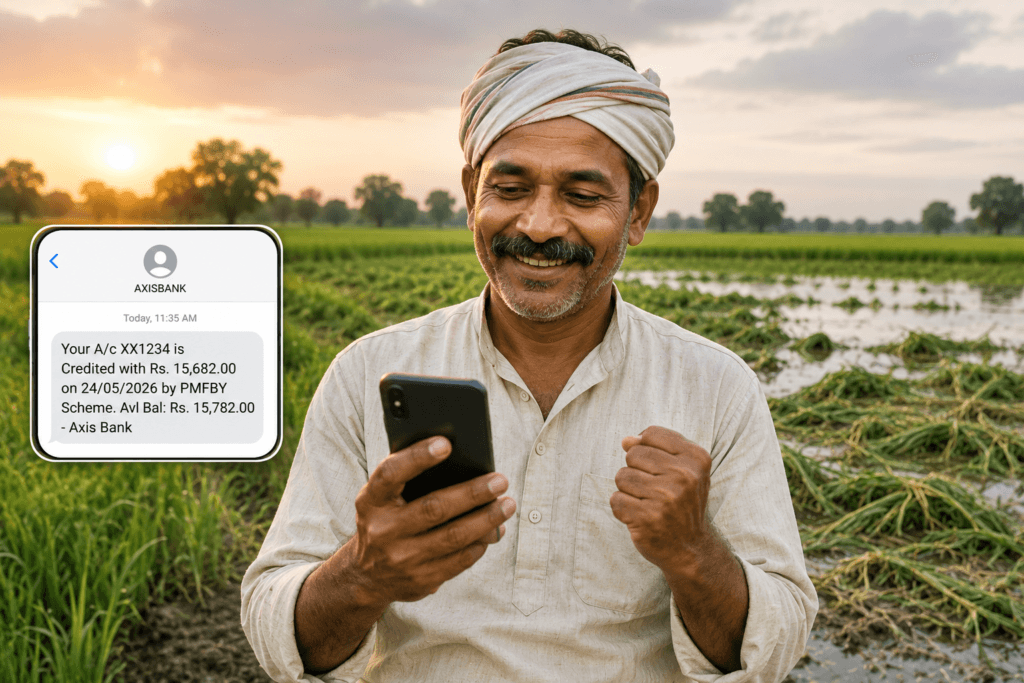 Farmer checking PMFBY crop insurance compensation on mobile after crop loss
