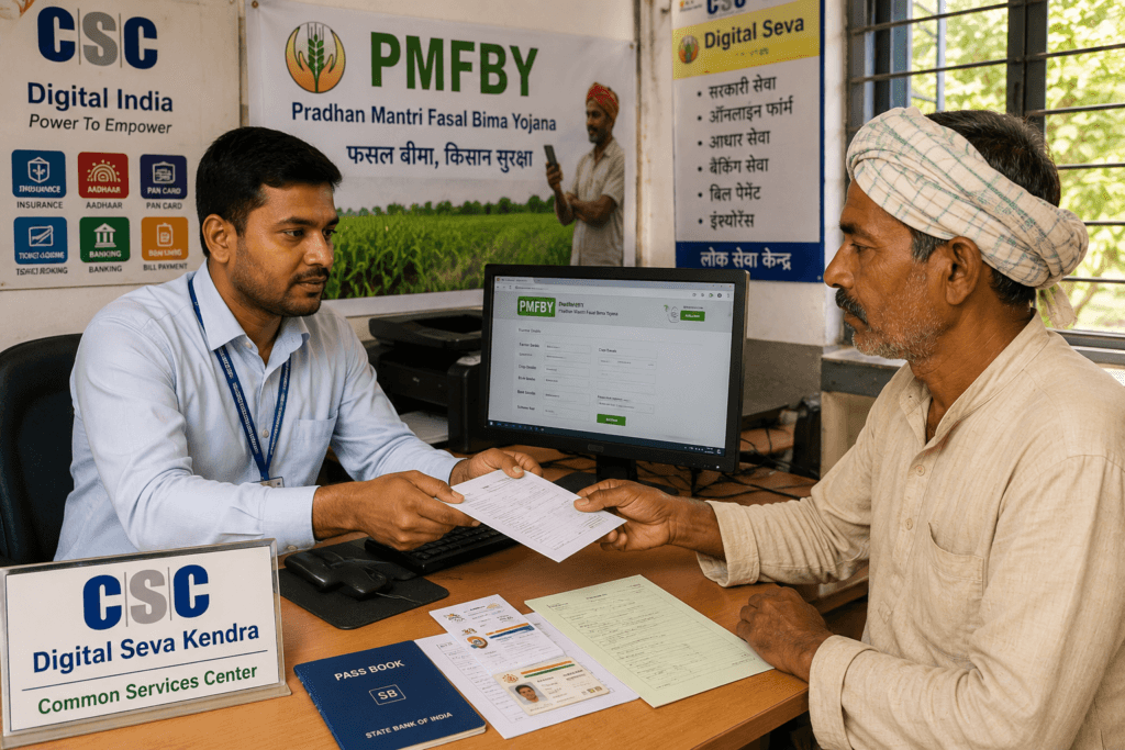 CSC operator helping a farmer apply for PMFBY crop insurance registration